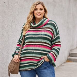 NWT Davi & Dani Striped Crochet Open Knit Sweater Plus Size Cowl Neck Pullover